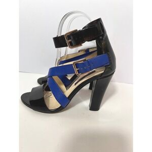 Ralph Lauren Purple Label Kairo Black & Blue Leather Ankle Strap Heels - Women's